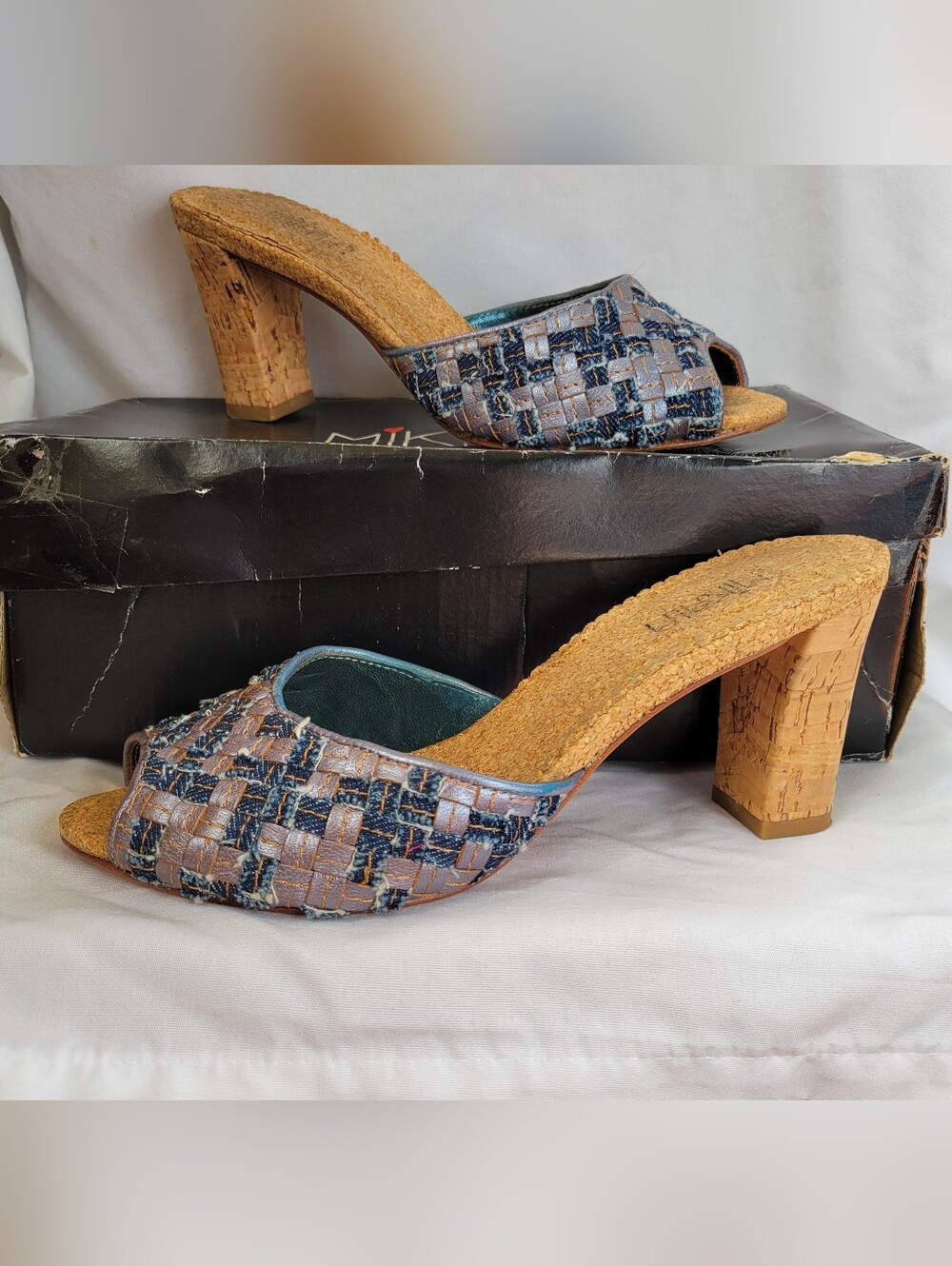 Mikala RAMONA Woven Denim-Pattern Leather Slide With  Cork Heel Mules 8M